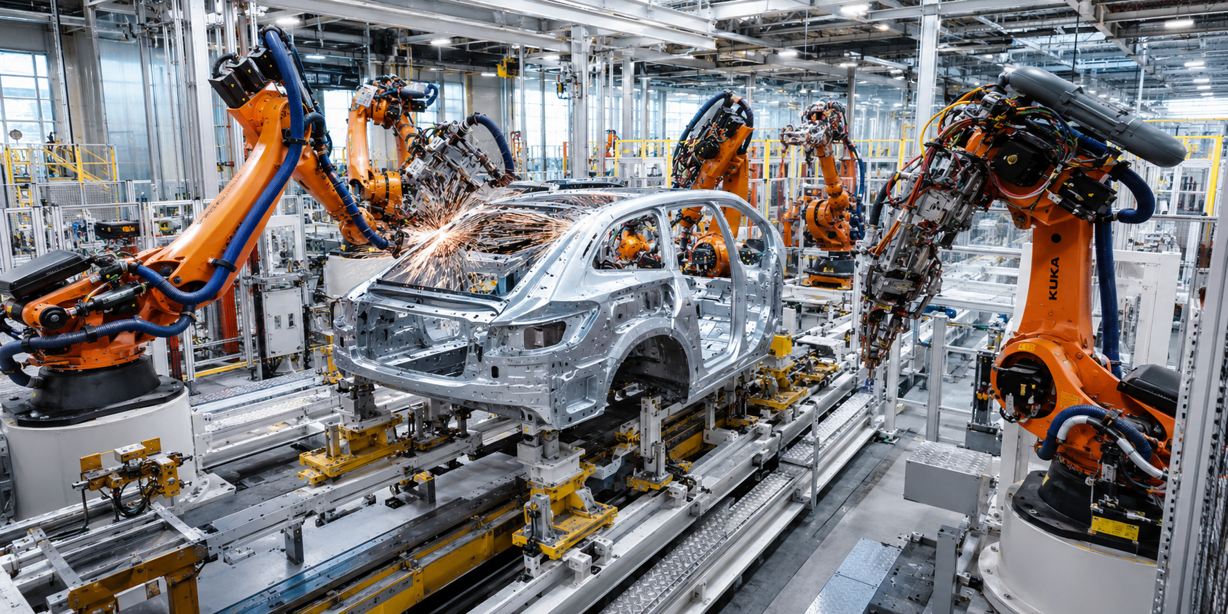 KUKA industrial robots welding a vehicle body-in-white on an automotive factory line
